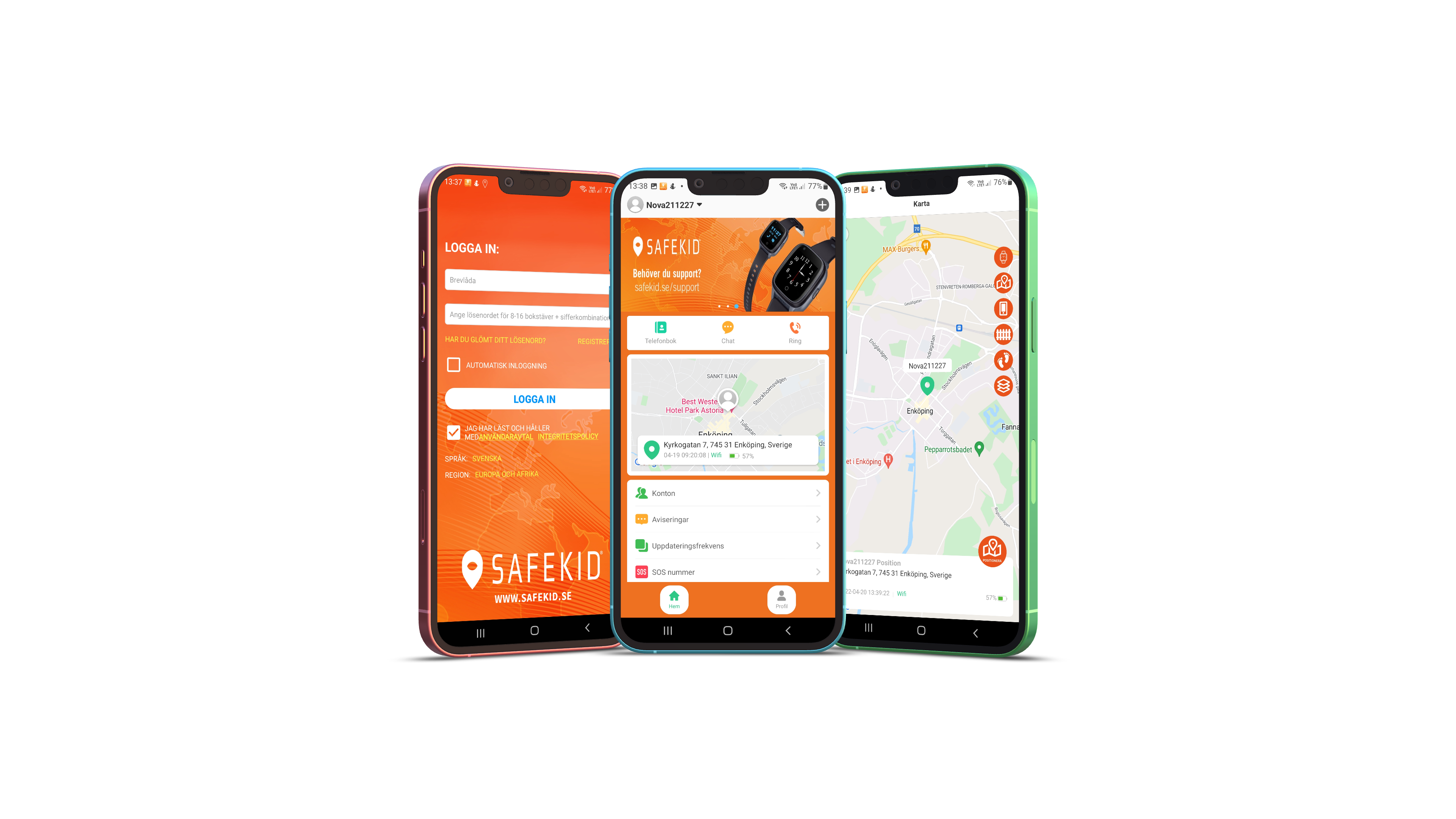 deviceframes-3-skärmar Safekids appens funktioner och säkerhetszoner.