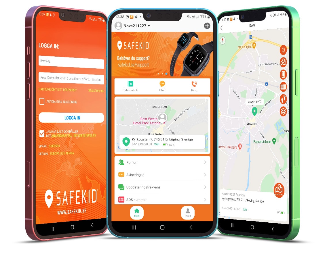 Ett urval av Safekid appens funktioner. Få hjälp med vanliga problem med GPS-klockan via appen.