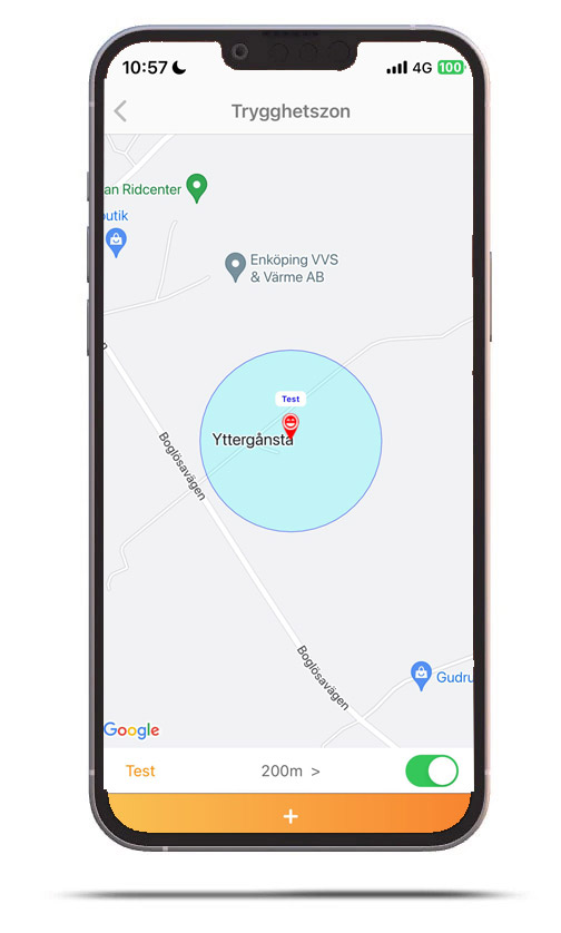 Exempel på geofence i Safekid appen.
