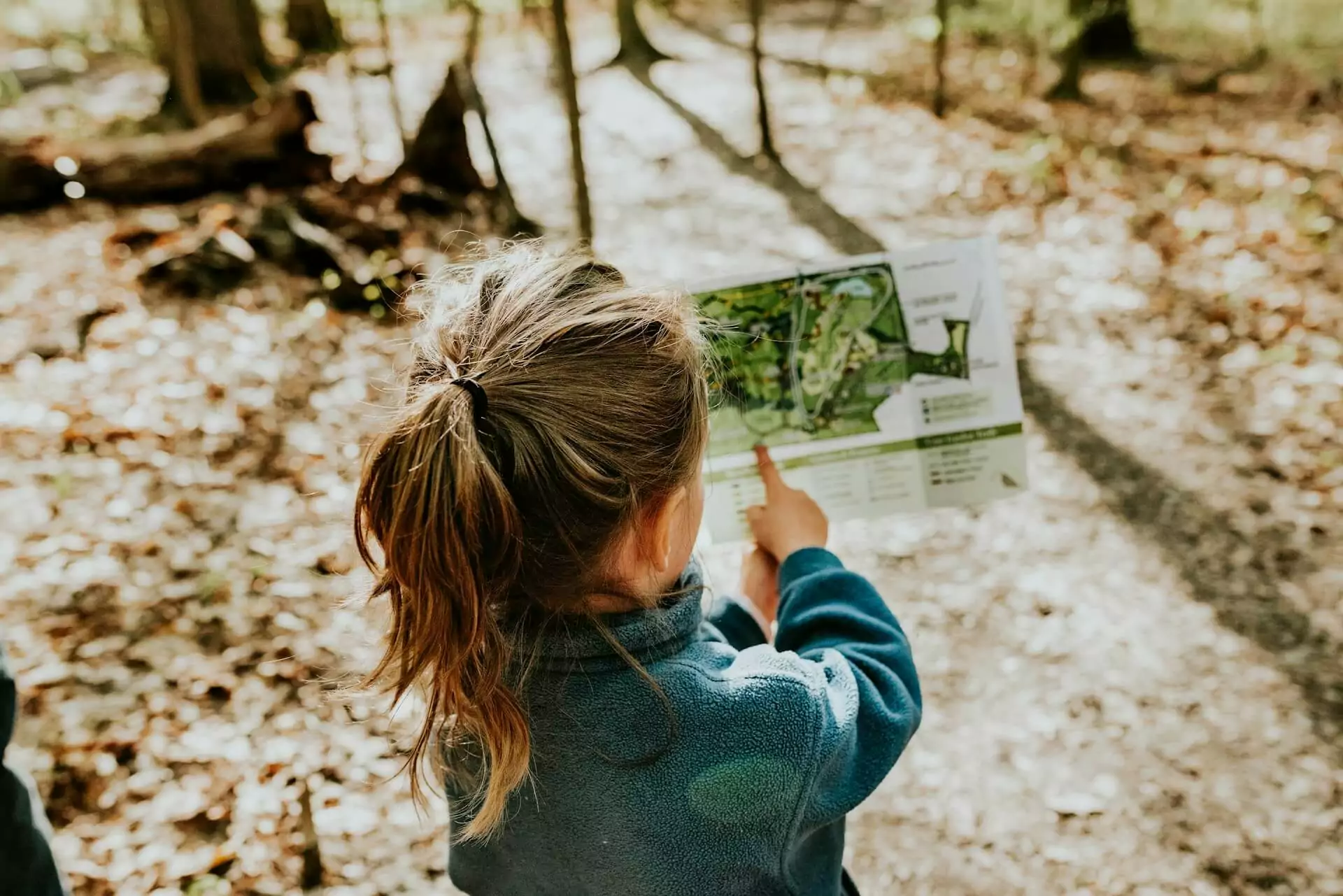 Barn är vilse i skogen Ett barn är vilse i skogen men har en karta som hjälpmedel.